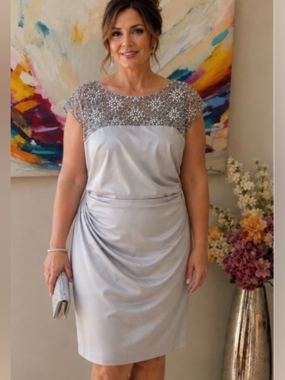 Kay Unger Silver Satin embellished Cocktail Dress, Wedding, Evening PTP 22”